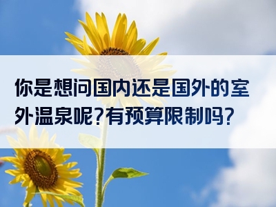 你是想问国内还是国外的室外温泉呢？有预算限制吗？